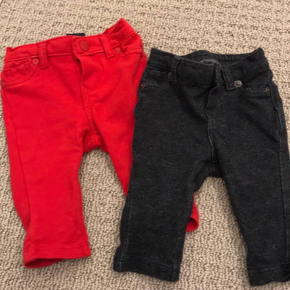 Red and dark jean Gap pants